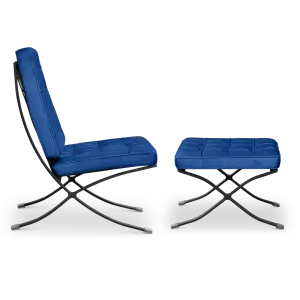 Paviljoen Chair XL Blauw Velvet Set | Inclusief Voetenbank | Zwart Frame